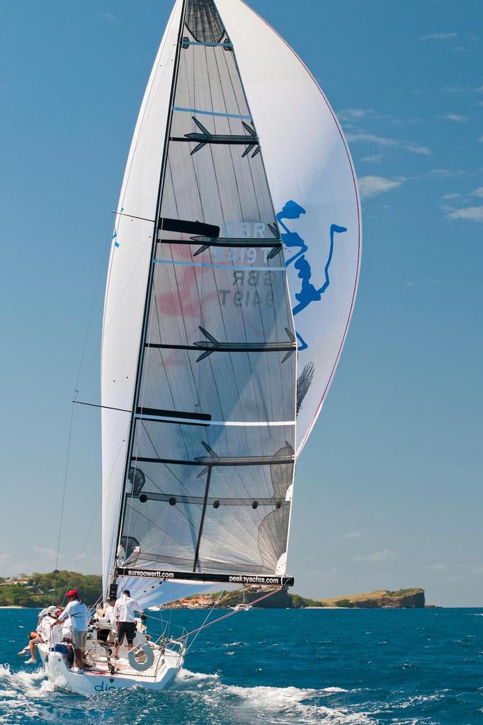 Dingo powering along the coast with spinnaker - Island Water World Grenada Sailing Week 2014 © Grenada Sailing Week/Derek Pickell